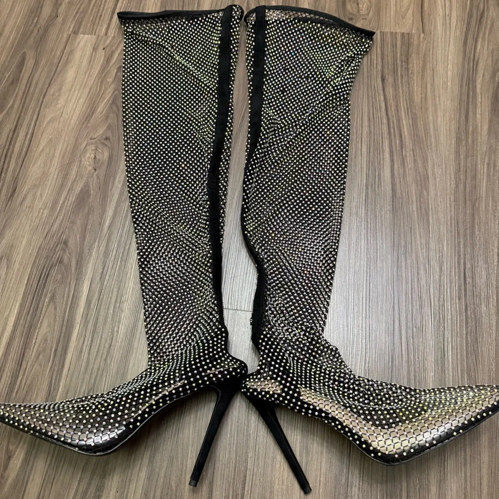 Ladies sz 44 Stiletto High Heel Over The Knee Black Fishnet Mesh Gem Rhinestone - Picture 5 of 12